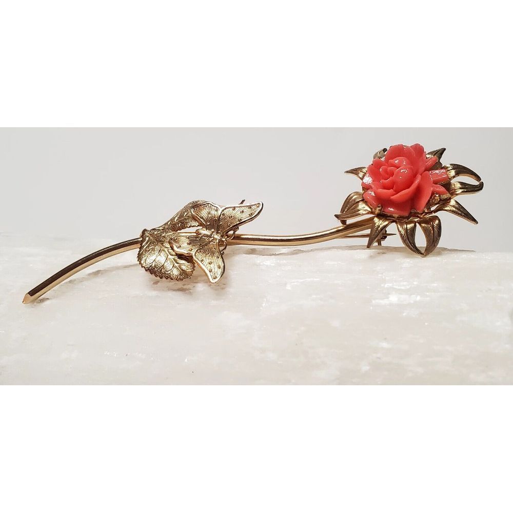 VTG Brooch Rose Celluloid Carved Coral Color Gold Tone Butterfly Leaf Flower